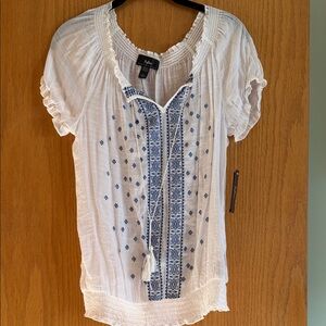 Byline White Blouse with Blue Embroidery NWT